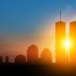 Silhouette of the World Trade Center towers with American Flag