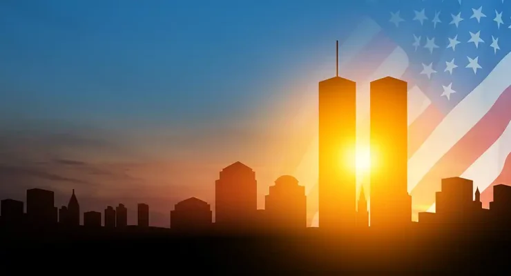 Silhouette of the World Trade Center towers with American Flag