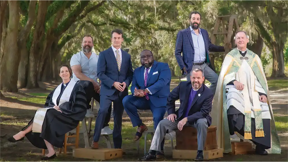 Mount Pleasant's Religious leaders 2024: from right to left: Reverend Doctor Pastor Nicole Abdnour, Co-Lead Pastor Josh Surrat, Stake President Reed Smith, Lead Pastor Clint McPherson, Archbishop Steve Wood, Rabbi Yossi Refson, Father Gregory West.